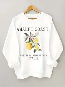 Women's Lemon Print Round Neck Pullover, Casual Fashion Long Sleeve Crew Neck Sweatshirt for Daily Holiday Outdoor Wear, Ladies Clothes for All Seasons