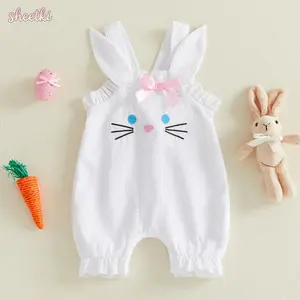 Infant Baby Girls Easter Romper Cute Fashionable Bunny Embroidery Sleeveless Jumpsuit