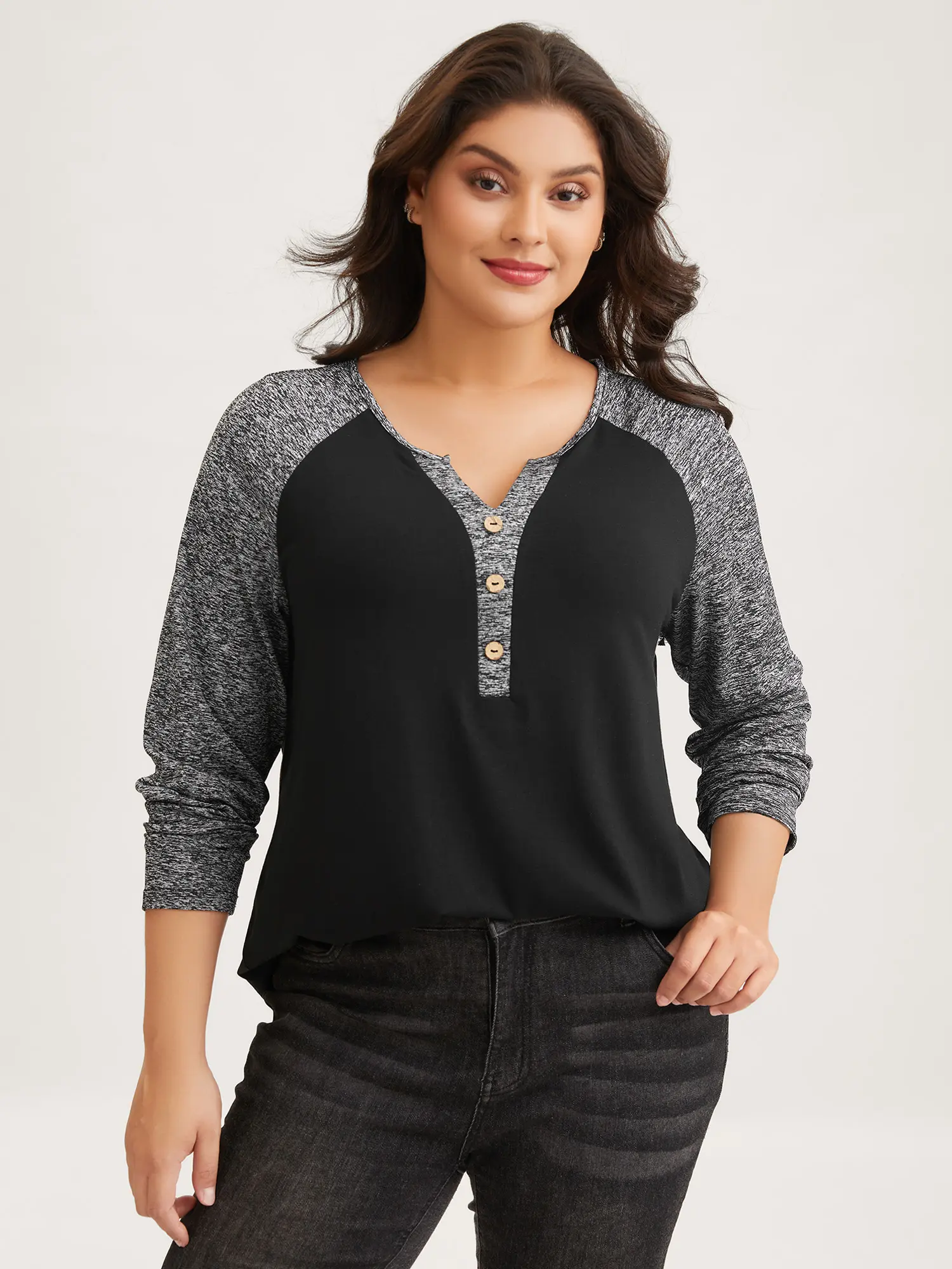 BLOOMCHIC Plus Size Women's Collared Neck Polyester Stretchy Blouse T-Shirt - Flat Collar, Heather Patchwork, Button Accents, Extra-Long Sleeves, Casual Fit [M-6X] - Casual Classy Top, Women's Clothes 2026 Summer Pick,Summerfinds,Summeroutfits