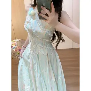 Japanese Gothic Y2k Beach Dress Women Sweet  Lace Patchwork Irregular Mesh Fairy Party Dresses Kawaii Elegant Bandage Dress