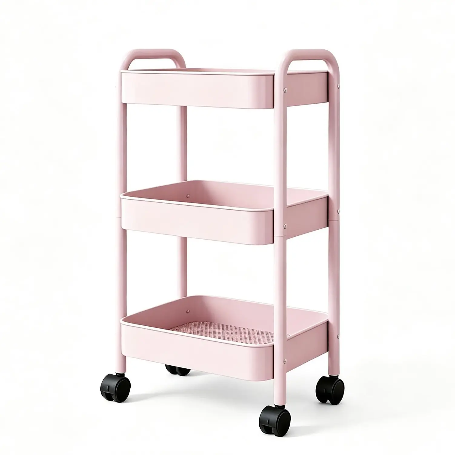 Macaron Pink 3-Tier Rectangle Metal Frame Rolling Storage Cart, Narrow Space-Saving Wheeled Organizer with Adjustable Shelves, Vanity Girly Multi-Purpose Home Rack for Bathroom, Kitchen, Durable