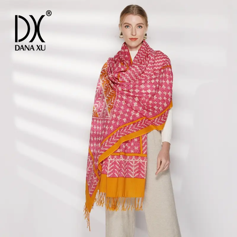 DANA XU 100% Merino Wool Extra Large Pashmina Blanket Travel chunky Scarf Cashmere Wrap for Women Fall Winter Oversize Shawl Floral poncho Open Front