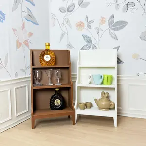 Non-Toy Dollhouse Miniature Kitchen Cabinet, Non-Wood Vintage Open Shelf Wine Cabinet And Cupboard, White And Brown 3-Tier Standing Bookcase, Mini Ornament for Bedroom And Dining Room, Small Photo Props