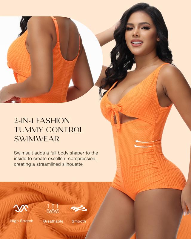 SHAPSHE Women's Tummy Control Swimsuit One Piece Slimming Bathing Suit Cutout Tie Knot Front Push Up Swimwear
