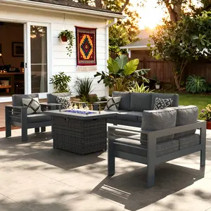 LayinSun Outdoor Aluminum Furniture Set with Fire Pit Table, Patio Sectional Conversation Chat Sofa Modern Seating Set