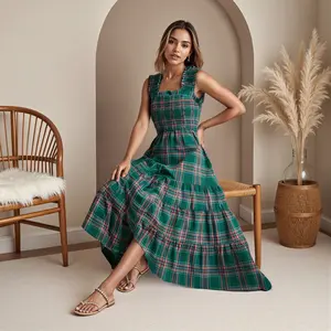 Women Sleeveless Dress Summer Casual Plaid Print Ruffled A-Line Party Dress for Beach Club Streetwear