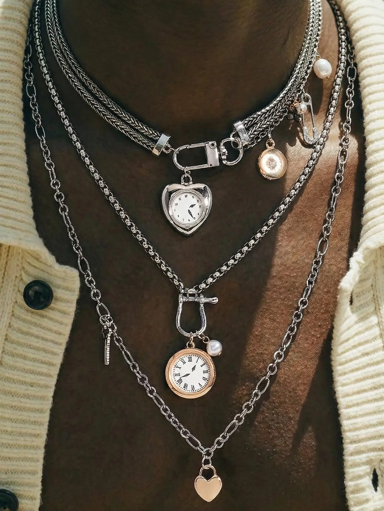 3Pcs Y2K Vintage Mixed Tone Alloy Layered Charm Necklaces, Silver Gold Two-Tone with Watch Heart Key Pearl Rhinestone Pendants, Edgy Stackable Chain Jewelry for Unisex, Streetwear Concerts Daily Outfits & Birthday Holiday Gift