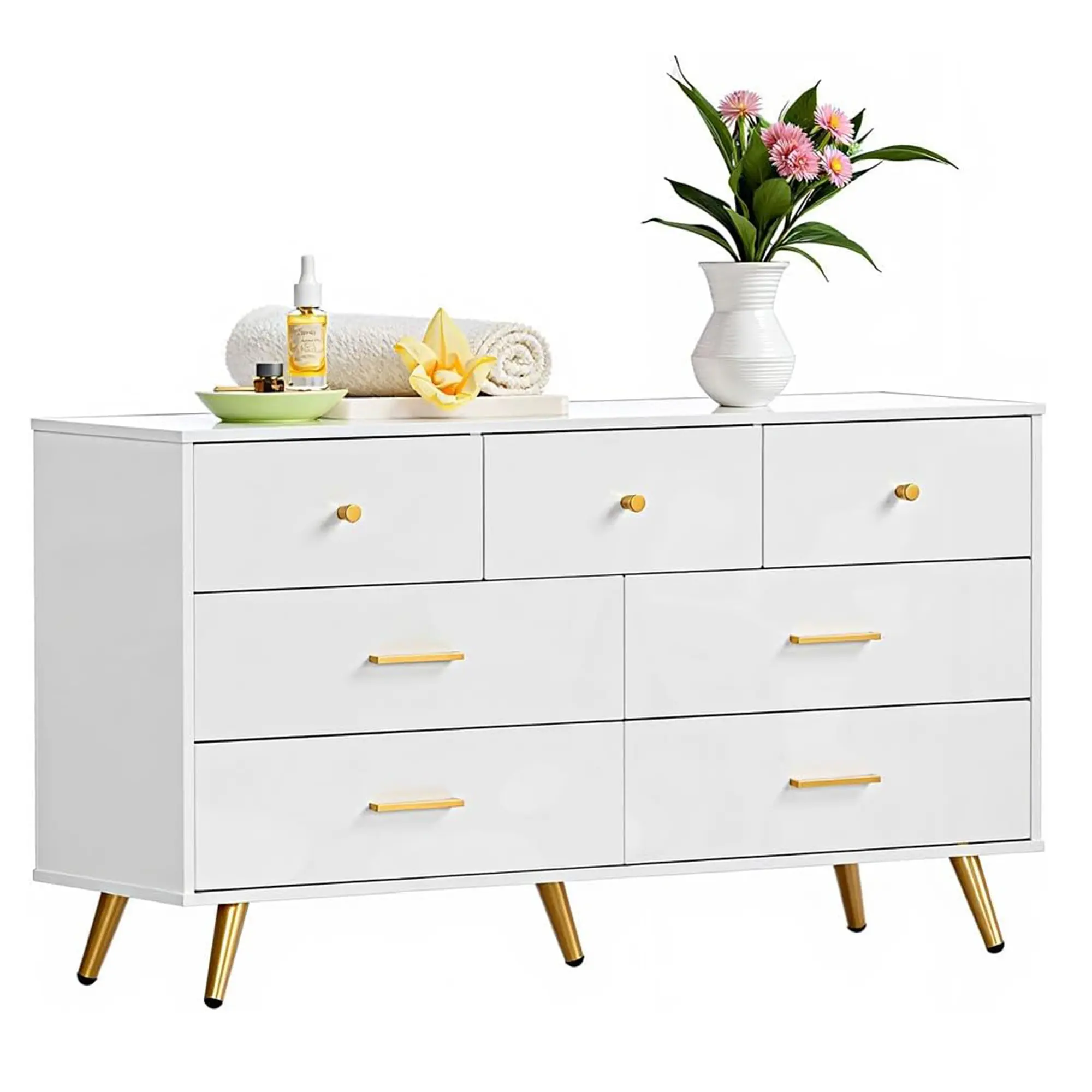 7-Drawer Wooden Dresser, White & Gold Modern Storage Cabinet, High-Gloss  MDF Organizer with Golden Handle Accents, Wide Bedroom Storage Furniture -  TikTok Shop