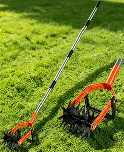 Rotary Cultivator Garden Tool, Adjustable Long Handle Hand Tiller with Star-Shaped Rolling Tines, 2-in-1 Weeder & Soil Aerator for Lawn Care, Reseeding Grass, Soil Mixing, Manual Yard Tiller