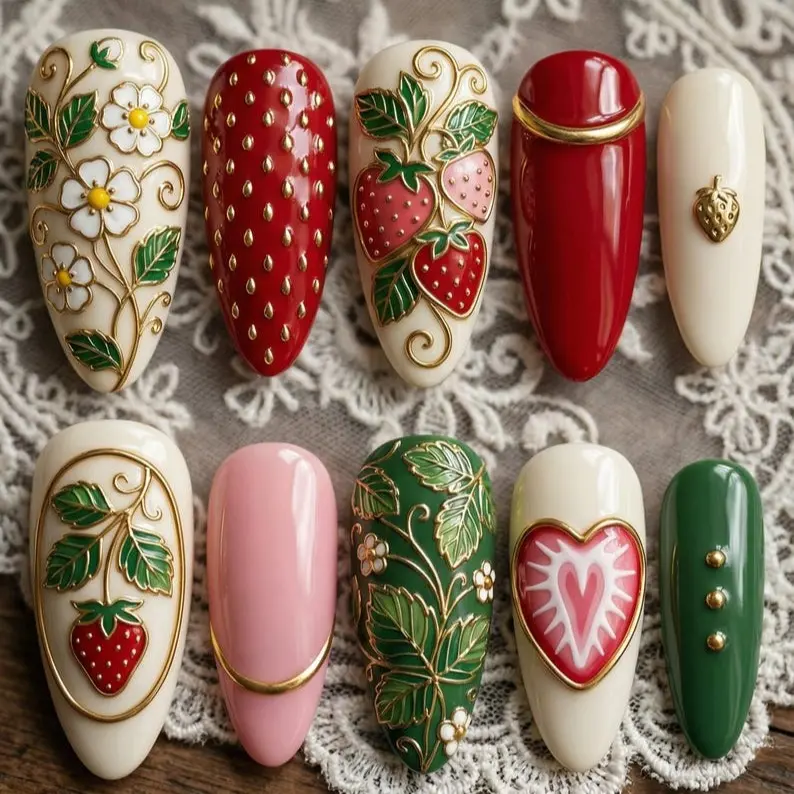 Strawberry Garden Press On Nails | 3D Fruit Red White Almond Nails | Cottagecore Aesthetic Summer Nail Art | Luxury Gold Vibe Fake Nails