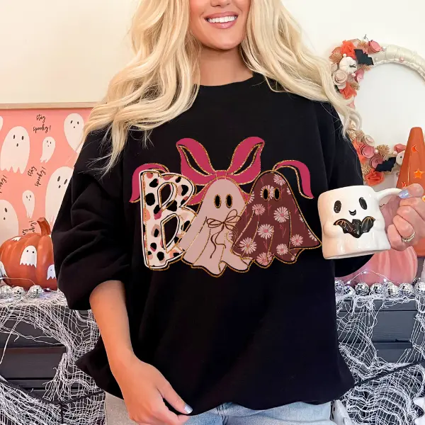 Women's Ash Pink Coquette Bow Ghost Gildan 18000 Polyester Fabric Crewneck Pullover Sweatshirt - Stylish Garment for Halloween Spooky Season, Style
