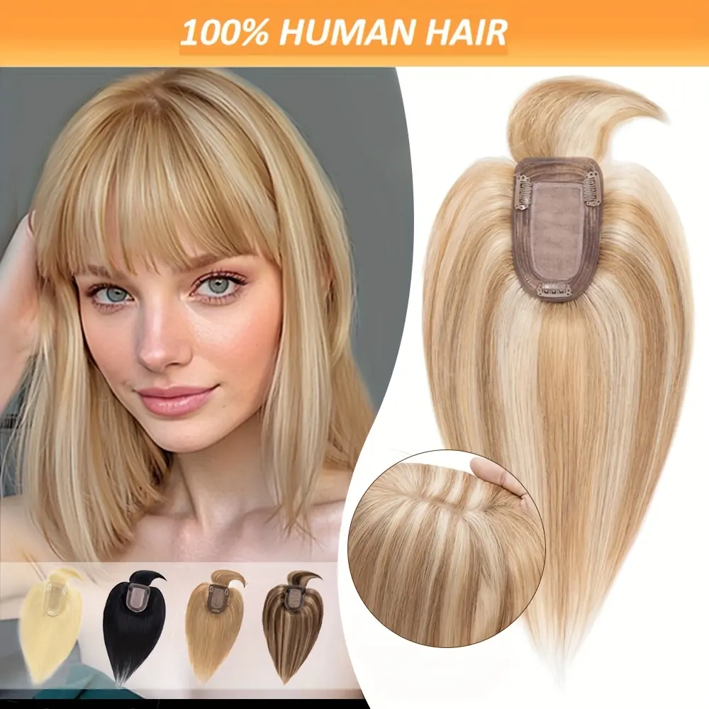 Human Hair Topper with Bangs 14 Inch 150% Density for Thinning Hair Hot Fashionable Hair Topper 6-14 Inch Hair Toppers for Women  main image 3