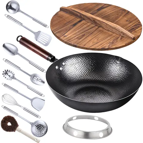 12.6 in Uncoated Cast Iron Wok Frying Pan Set - 11Pcs Round Flat Bottom Cookware with Lid, 10 Handle Accessories for Electric, Induction, Gas Stoves (Cast Iron Cooking Pans & Woks)