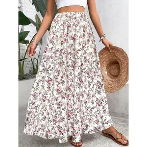 Plus Size Floral Print A-Line Skirt, Fashionable Casual Long Skirt with Elastic Waist, Suitable for Daily Wear and Vacation, Women’s Clothing for All Seasons GARMENTARY