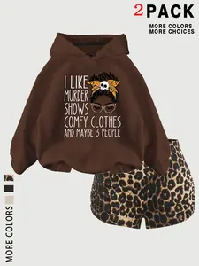 Women's Fall Winter Hooded Sweatshirt Set, Cartoon Print, Leopard Shorts, Casual Fashion, Thick Fabric, Loose-Fitting, 2 Piece