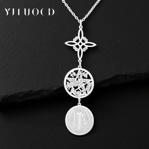 Triple Protection Necklace with Witch’s Knot, Pentagram, Tetragrammaton, and Saint symbol Benedict Stainless Steel Spiritual Symbol Amulet Jewelry
