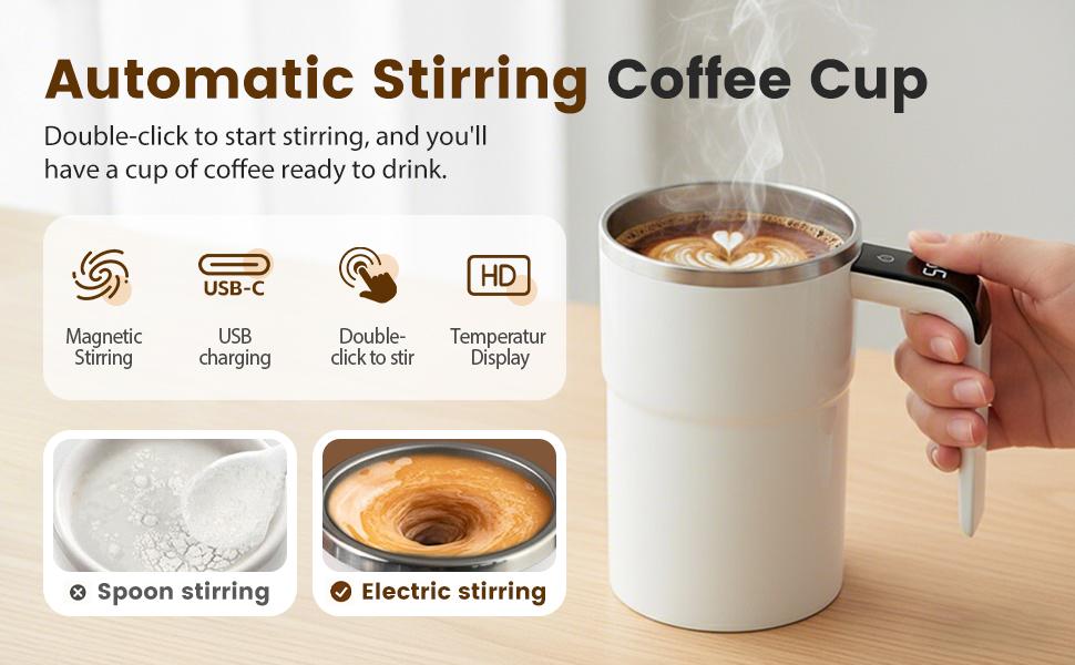 14oz Smart Self-Stirring Mug | USB Rechargeable Coffee Cup with LCD Temperature Display & Spill-Proof Lid