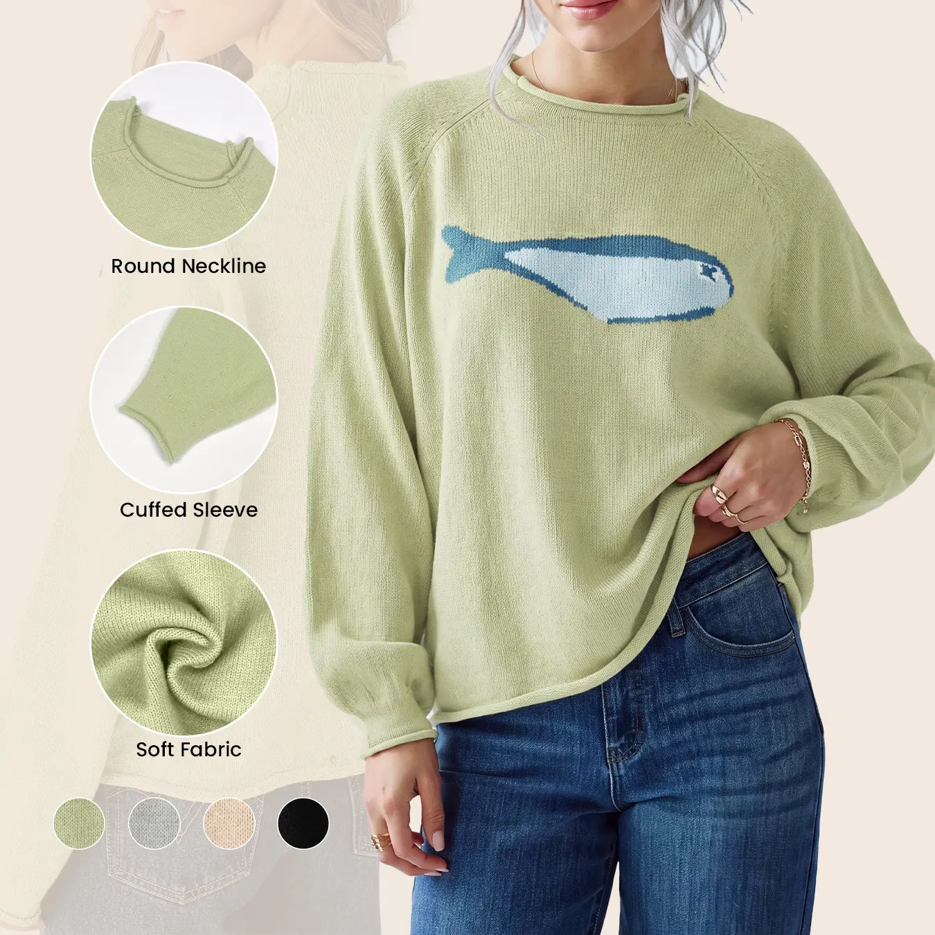 Aswulk Women Cute Fish Intarsia Knit Sweater, Roll Edge Mock Neck Lantern Long Sleeve Loose Pullover Jumper, Casual Vintage Knit Top for Fall Winter