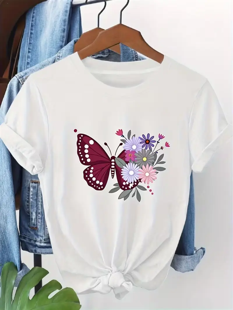 Cottagecore Butterfly Floral Graphic T Shirt Women White Crew Neck Tee Burgundy Polka Dot Butterfly Colorful Daisy Print Garden Picnic Spring Casual Summer Top