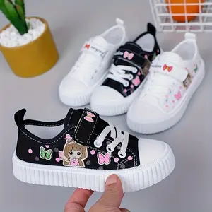 Youngsters' Cartoon Canvas Sneakers - Breathable Closure Sneakers with PVC Sole, Pastel Pink & Black Design, Comfortable Upper Girls and Boys, Casual Shoes, Kid Shoes