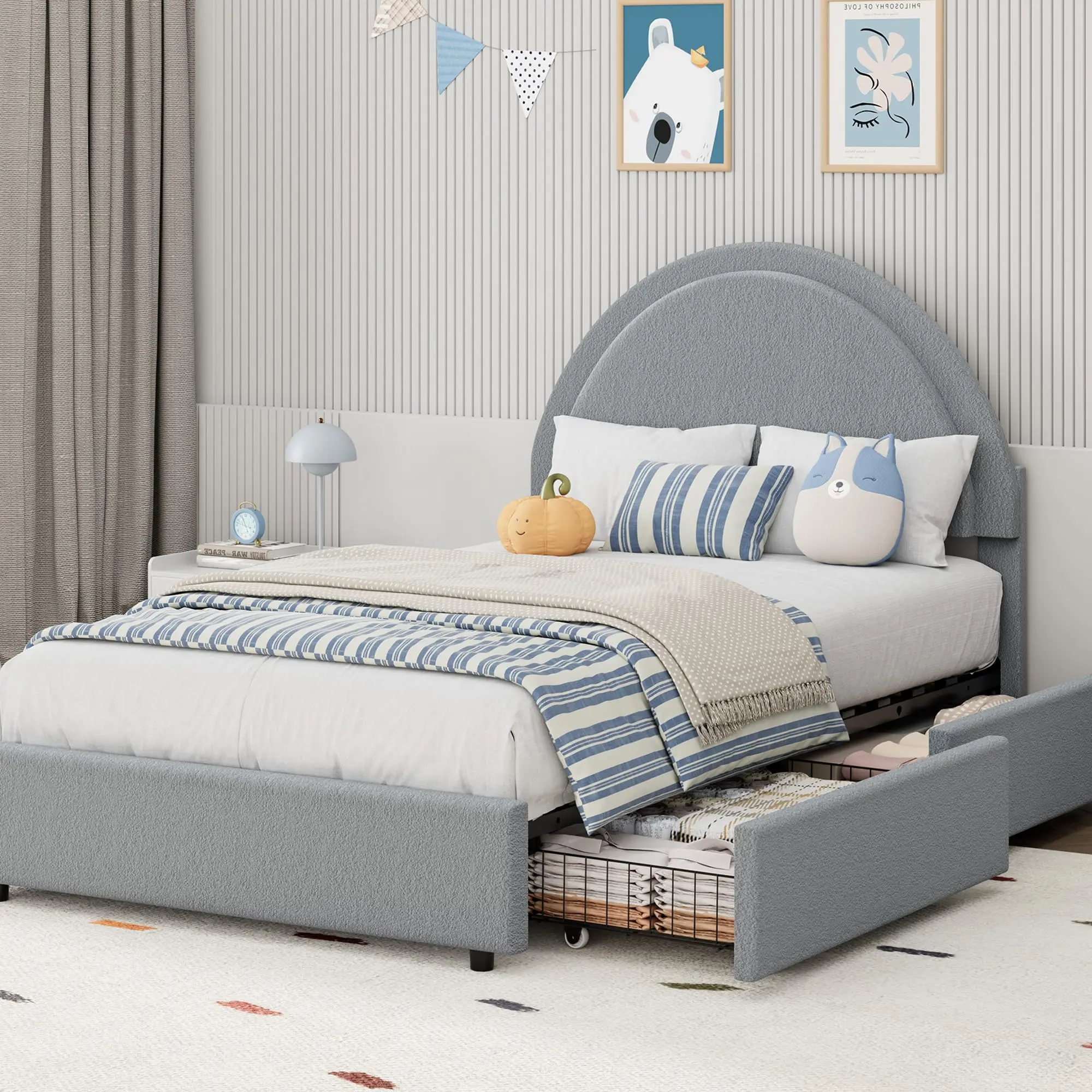 Garvee Twin Size Boucle Upholstered Platform Bed Frame - Curved Border Round Headboard, Heavy Duty, 2 Hidden Storage Drawers, Wooden Slats, Noise Free, No Box Spring Needed, Grey, Hidden Storage Compartment Bed Frame, Curved Border Bed Frames