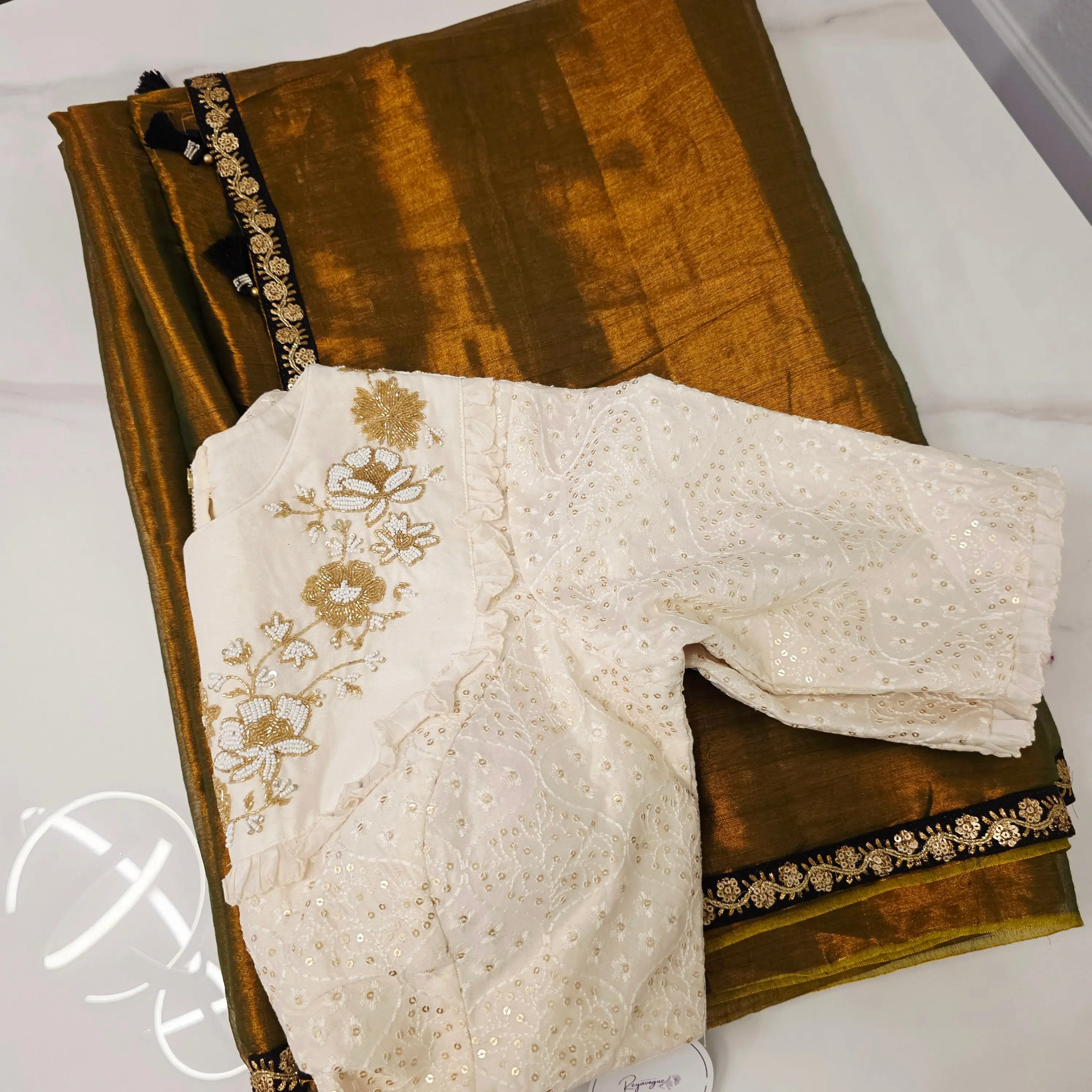Reyavogue Women's Brownish Gold Colour Tissue Linen saree with Designer Blouse