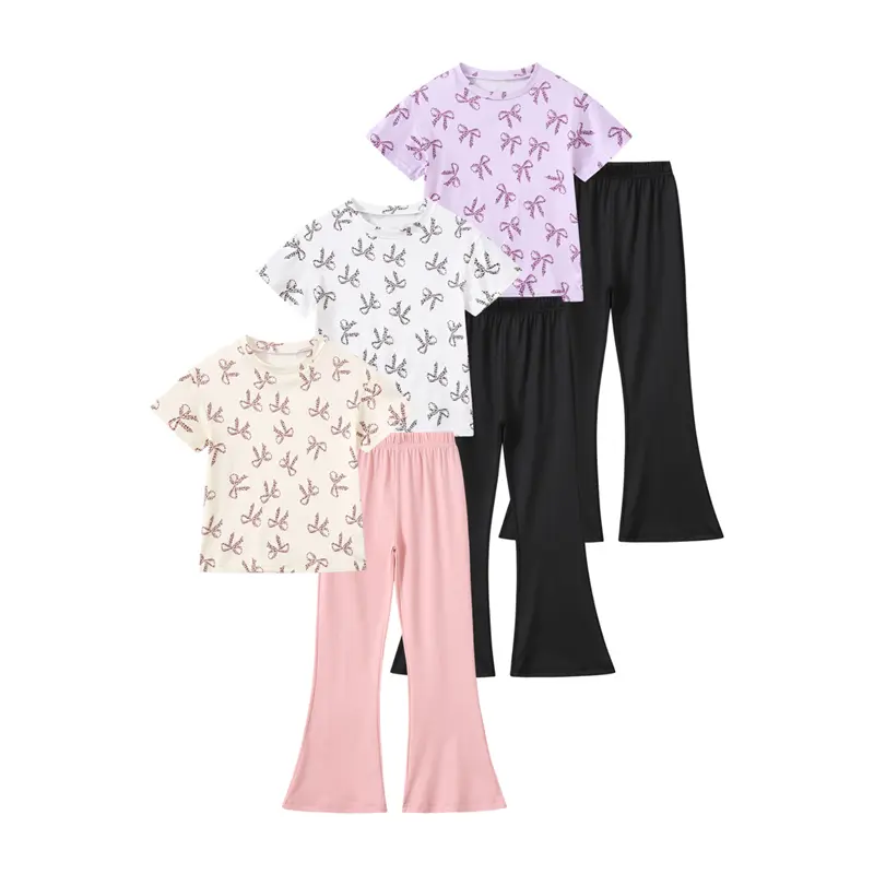 6-Piece Set: Girls' Summer Bow-Print Short-Sleeve High-Waisted Slim-Fit Flared Pants-Casual, Versatile, and Fashionable Outfit