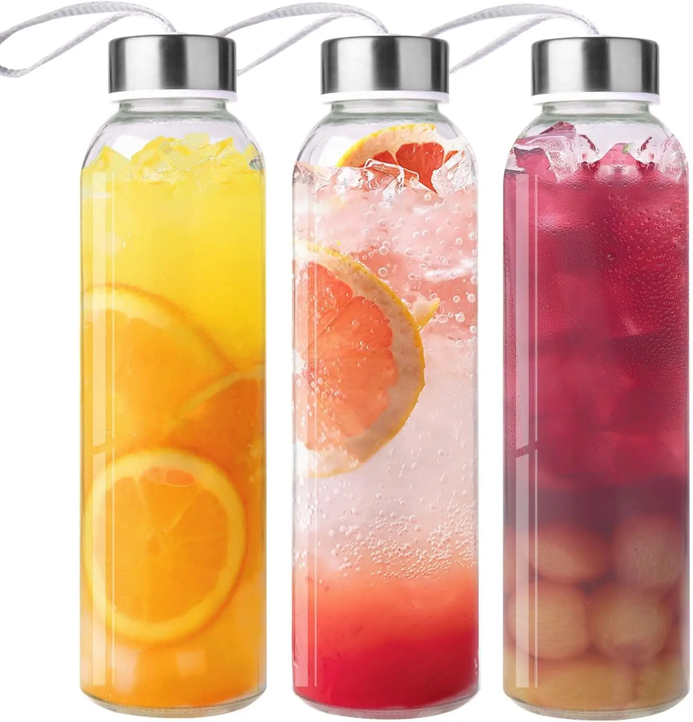 3 Packs Glass Water Bottles with Lid, Clear, 17Oz | Reusable Juice Bottle with Stainless Steel Cap, Glass Cup Liquid Storage Containers for Juicing Beverage Refrigerator Travel Duocesica