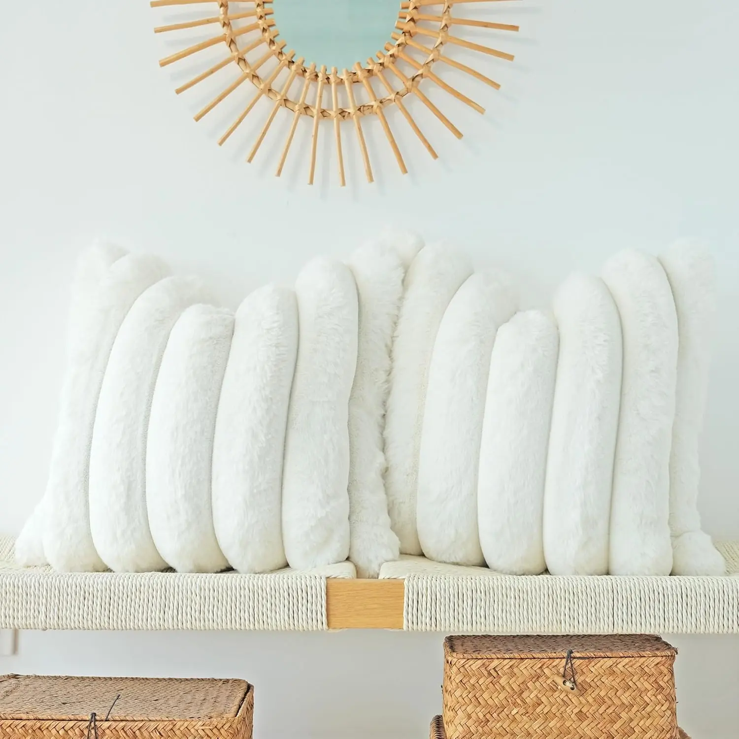 24 x 24 Inch Pack of 2 Faux Fur Plush Striped Decorative Throw Pillow Covers - Soft Replacement Cushion Covers for Couch, Machine Wash Pillows, Do Not Iron (White, Wide Stripe Design), Replacement Cushion Cover, Stripes