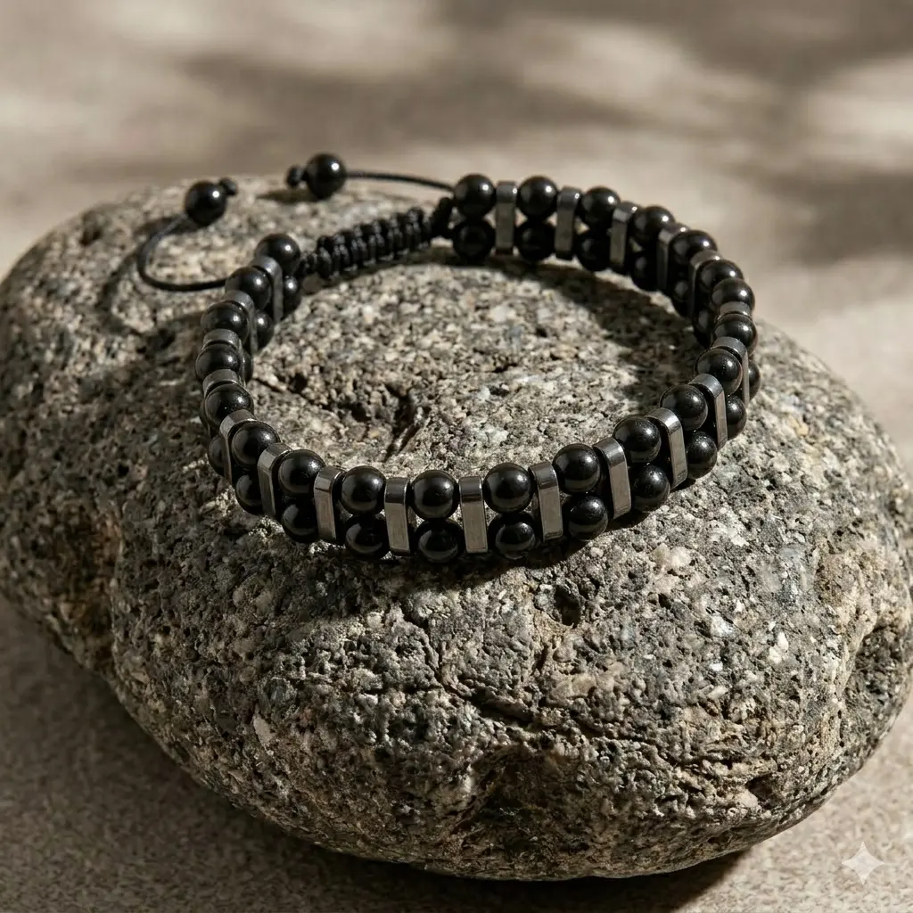 Premium Black Obsidian Hematite Men Bracelet Genuine Stone Energy Protection
