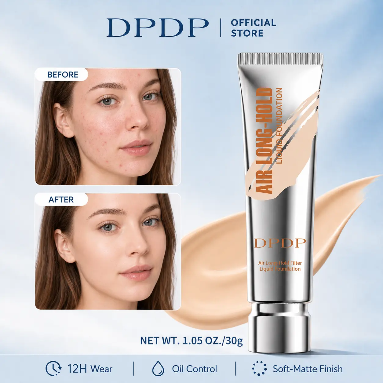 DPDP K-Beauty Inspired Air Foundation(1.05 OZ./30g) - Buildable Light to Full Coverage, Summer Makeup Essential, All Day Longwear, Oil Control, Anti-Cakey Hydrating, Natural Finish, Waterproof, Sweat-Resistant, Lightweight, Even Skin Tone, Transfer Proof