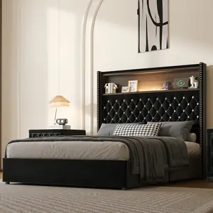 Full Size Platform Bed with 52'' High Storage Headboard, with Rivet Decoration, Velvet Bed Frame with USB Port and Night Light, Wing-Back Upholstered Bed, No Box Spring Needed, Black