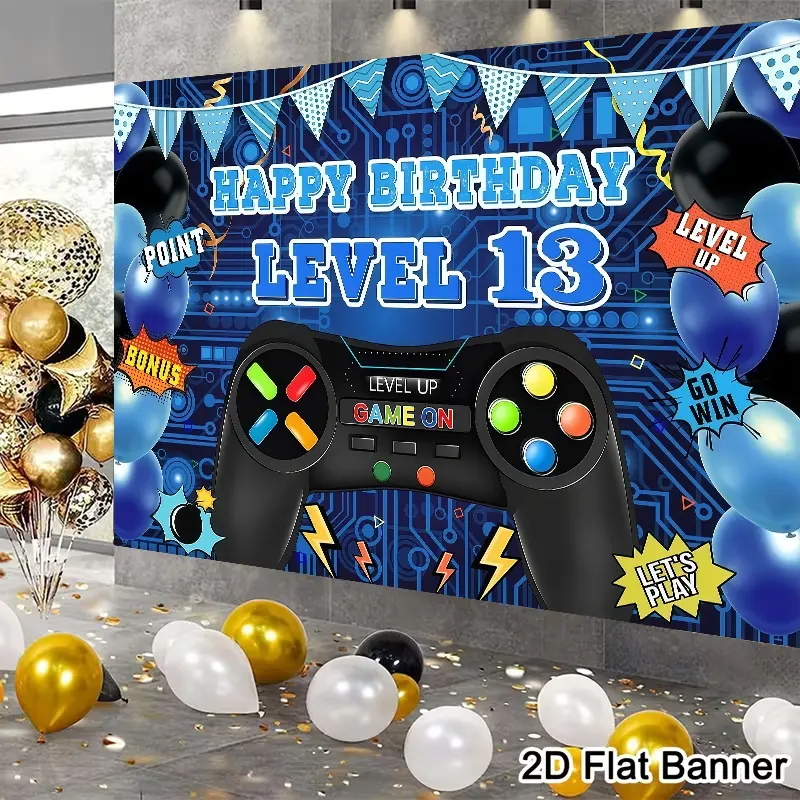 Game themed 13th birthday background banner, Polyester flat banner, happy 13th birthday party decoration, Happy birthday backdrop, made of polyester, suitable for teenage birthday parties and home decoration, outdoor and indoor parties