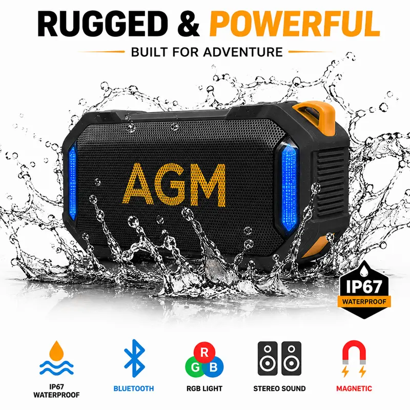 AGM Magnetic Bluetooth Speaker MagROCK , IP67 Waterproof Floating Portable Speaker with RGB Lights, Deep Bass, TWS Stereo, Rugged Shockproof for Camping, Golf, Fishing, Riding & Work