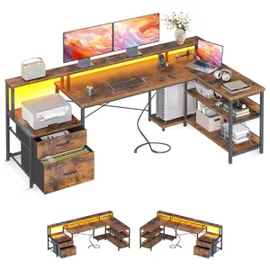 Cyclysio L Shaped Desk with File Drawer 73" Reversible L Shaped Computer Desk with Power Outlet & LED Strip Gaming Desk with Monitor Shelf