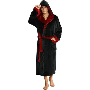 Mens Hooded Robe, Plush Robes Men Long Fleece Bathrobe