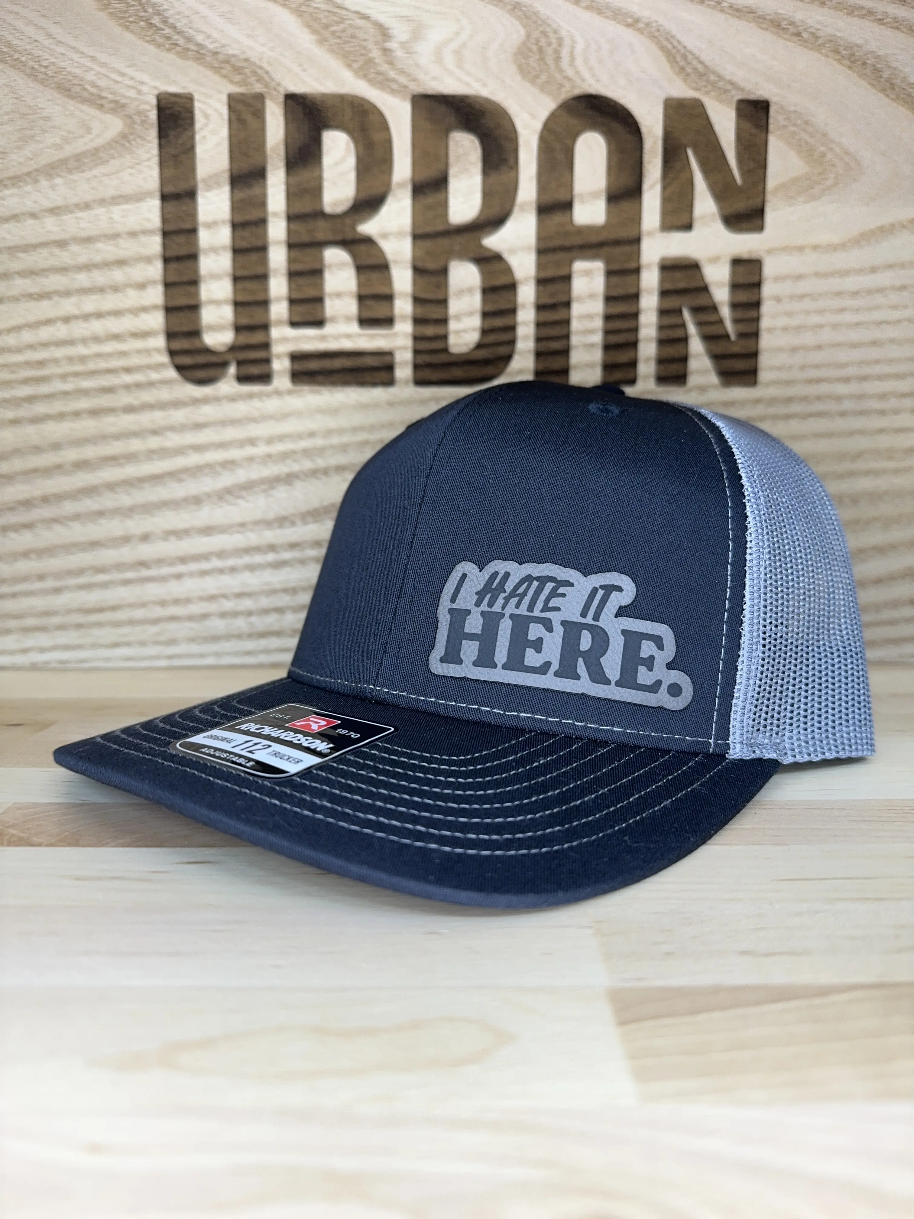 I Hate It Here Custom Leatherette Patch Trucker Style and Evolve Ponytail Hats trucker hat unique gift unisex hat and knit beanies