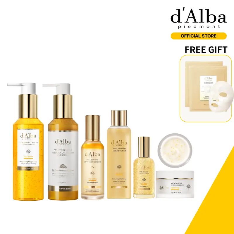 [Official d'Alba] [NEW] Affordable Vita Brightening Full Routine Set｜7 Essential Glow Items in One Bundle｜For Hyperpigmentation, Dark Spots & Dullness Care｜Cleansing Oil, Cream Cleanser, Mist, Toner, Serum, Cream + Hydrogel Mask (GWP)