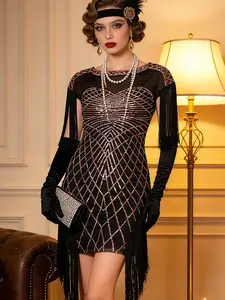 Women's Vintage 1920s Sequin Dress, Round Neck Design, Patchwork and Fringe Hem, Slim Fit Bodycon for Parties, Elegant Formal Cocktail Gown