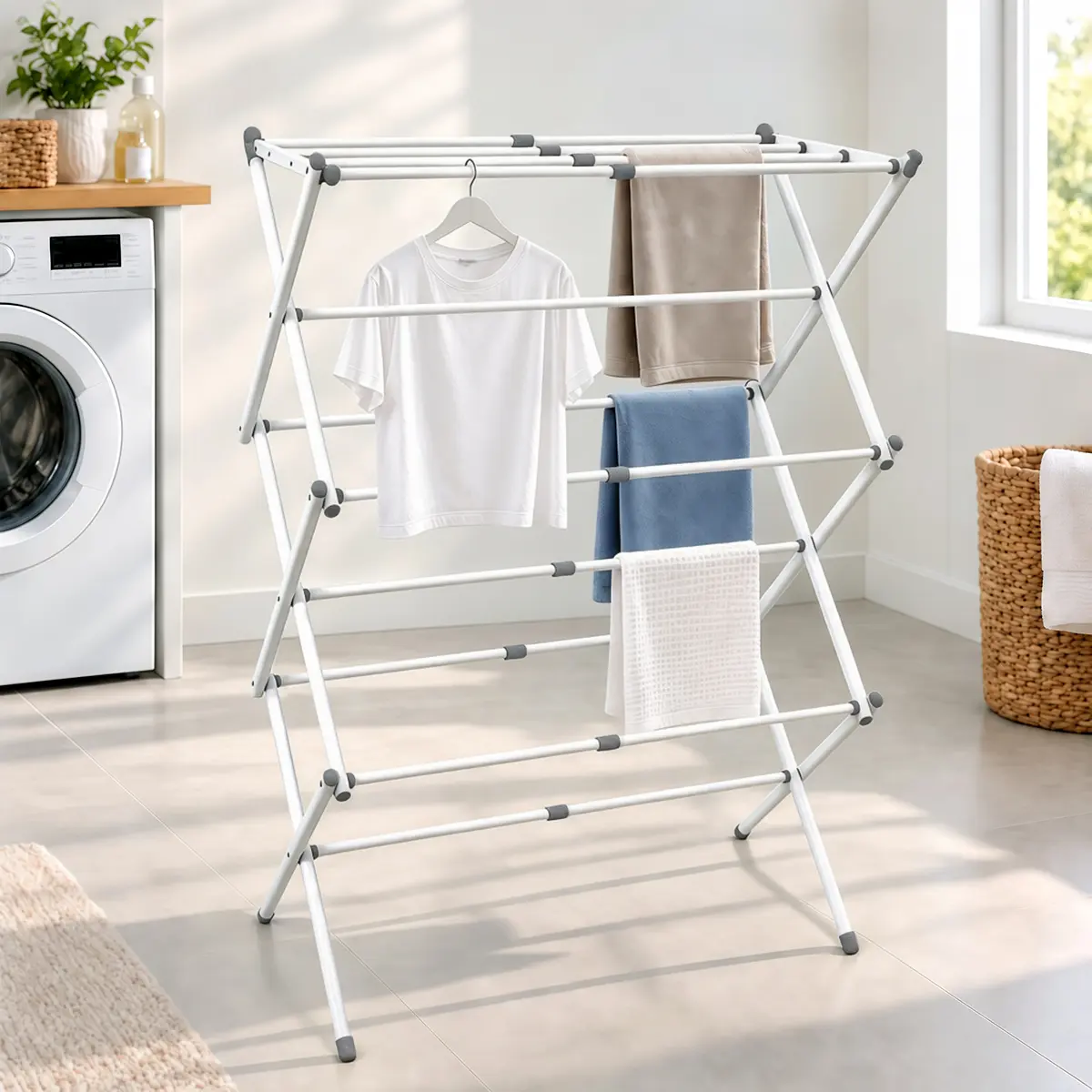 Foldable Portable Laundry Rack for Air Drying Clothing Indoor Outdoor Use White Chrome Heavy Duty Compact Easy to Move Efficient Air Drying Home Use#Summervibes，homeessentials