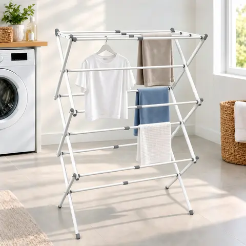 Foldable Portable Laundry Rack for Air Drying Clothing Indoor Outdoor Use White Chrome Heavy Duty Compact Easy to Move Efficient Air Drying Home Use#Summervibes，homeessentials