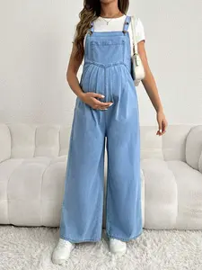 MaterniRIO Maternity Loose-Fit Long Denim Overalls With Adjustable Shoulder Straps, Blue