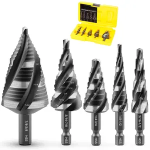 Four Spiral Flute Step Drill Bit Set, 5 count 1/8"-/8" HSS Unibit Step Drill Bit, 1/4" and 3/8" Shank Step Bits for Metal, , , Plastic