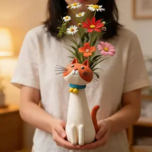 Handmade Cat Vase, Whimsical Cat Planter, 7.5 Inch Fun Cat Succulent, Desktop Shelf Home Decor, Decorative Vase, Unique Gift for Cat Lovers