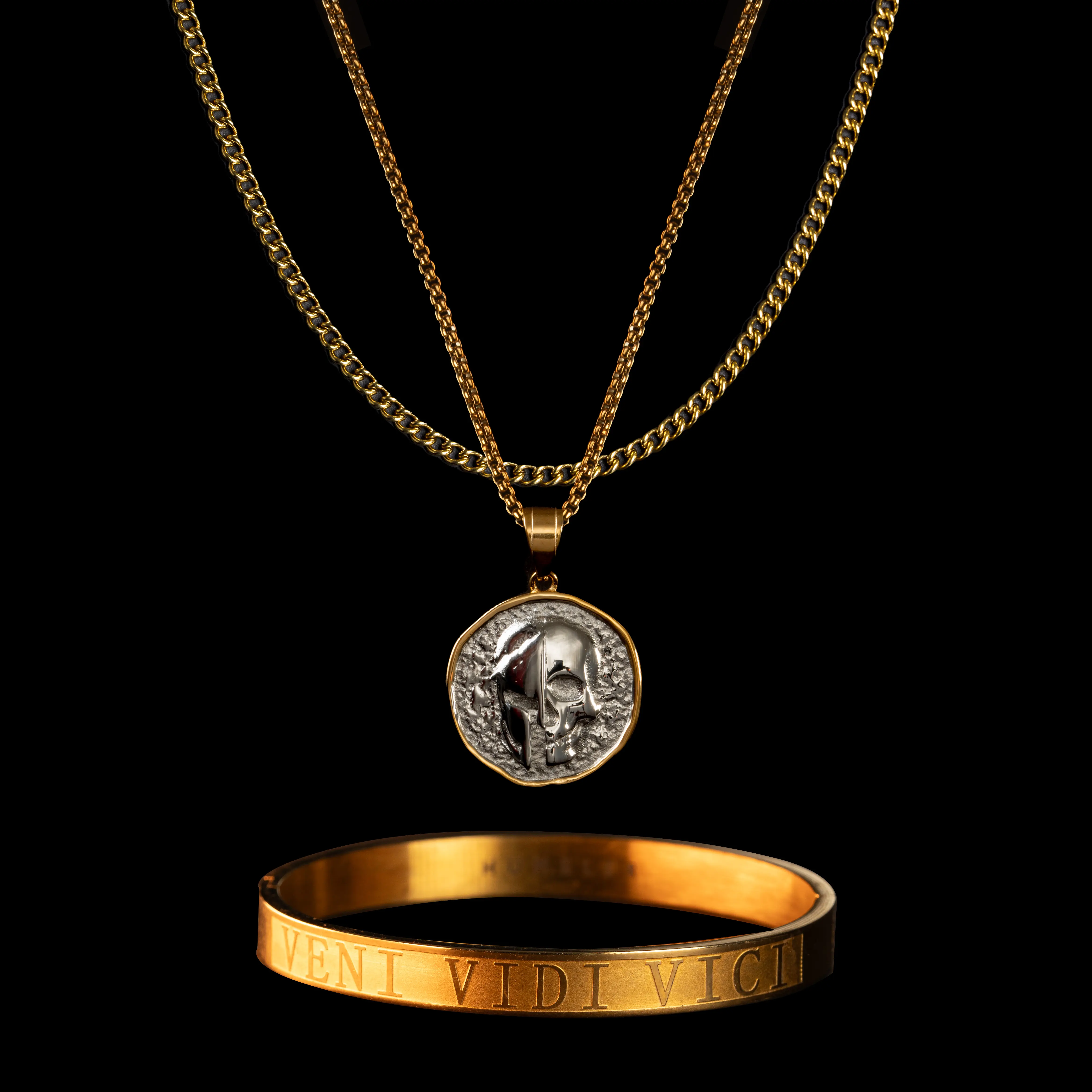 Spartan Skull "Veni Vidi Vici" Pendant Necklace + Bracelet Set for Men