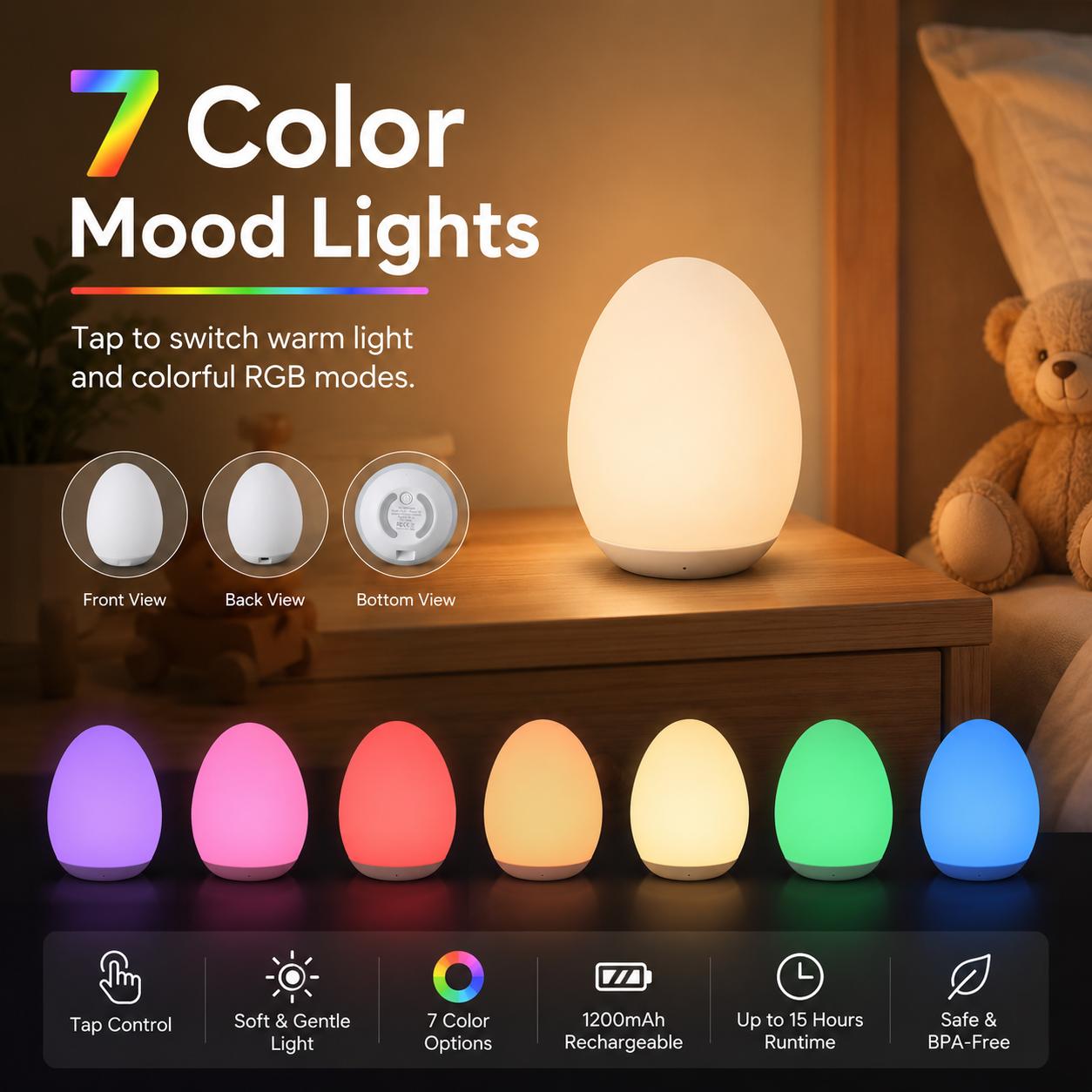 Night Light for Kids, Egg Light for Nursery with 7 RGB Colors Changeable & Stepless Dimming, Rechargeable Tap Light & Touch Control - Baby items, Interior decoration,Mother’s Day Special, Summervibes Usb Charging Lamp Wireless Portable Lamp | backtoschool