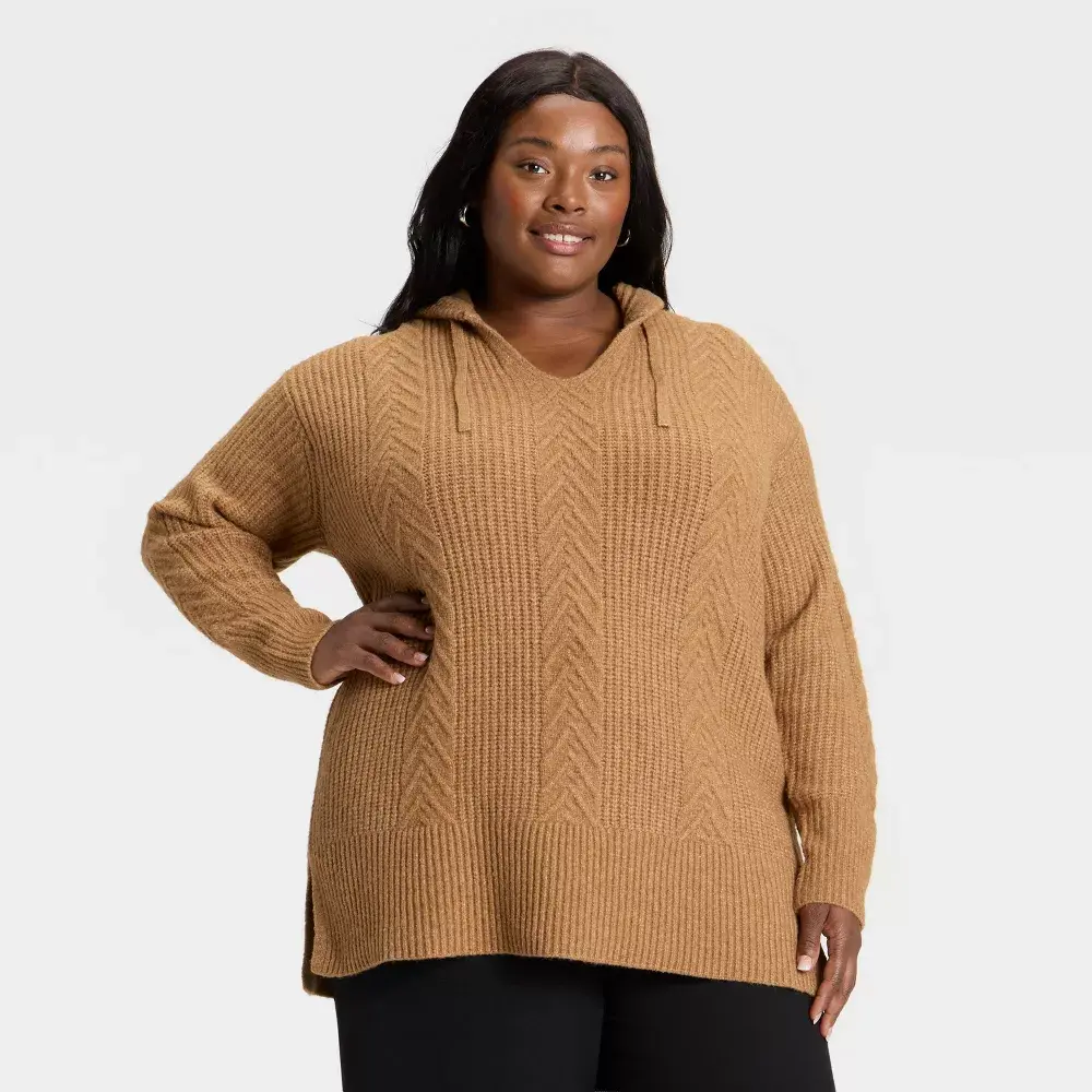 Women's Cozy Cable Knit Hooded Pullover Tunic Sweater - Ava & Viv, Polyester-Spandex Fabric, Stylish Design, Style