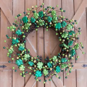 ST Patrick’s Day Green Glitter Leaves Wreath, Spring Holiday Party Shamrock Clover Leaf Wreath for Front Door, Green Decoration for Inside and Outside Use