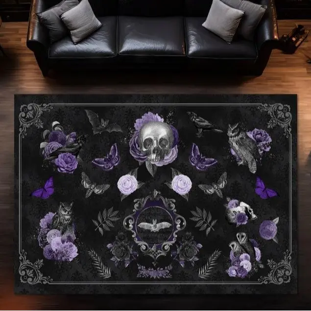Witch Rug, Gothic Rug, Dark Academia Decor, Dark Rugs, Black Rugs, Witchy Goth Decor Bedroom, Butterfly Rug, Spooky Skull Botanical Rug