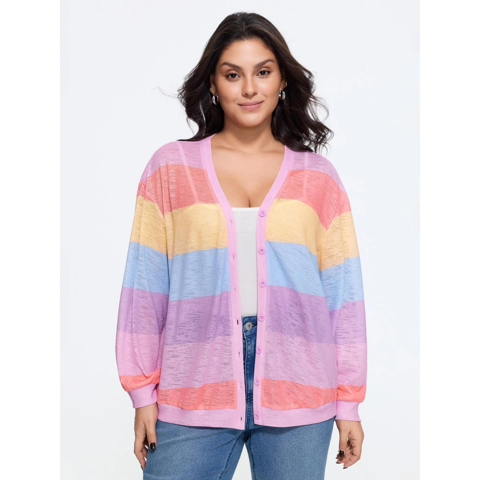BLOOMCHIC Women's Plus Size Spandex Stripe Button-Down Placket Kimono, Breathable, 2026 Summer Finds [M-6X]